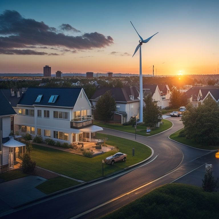 A serene urban neighborhood at dusk with a few residential buildings, each with a sleek, compact wind turbine installed on the rooftop, surrounded by safety barriers and warning signs.