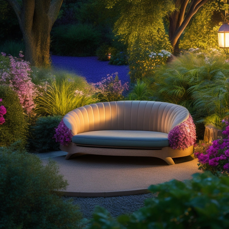 A serene outdoor setting with a curved, solar-powered bench made from recycled plastic, surrounded by lush greenery and vibrant flowers, with a subtle glow emanating from the seat cushions at dusk.