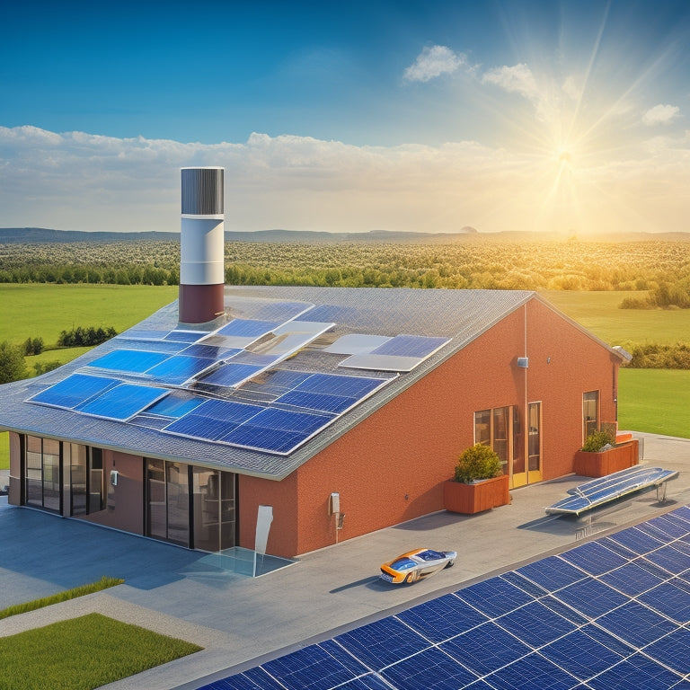 An illustration of a roof with solar panels, a chimney, and multiple vents, with swirling arrows indicating airflow, amidst a background of rising thermometer lines and falling dollar signs.