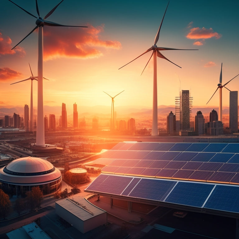 A stylized illustration of a cityscape at sunset, with wind turbines and solar panels integrated into the architecture, surrounded by a subtle grid of interconnected energy lines and nodes.