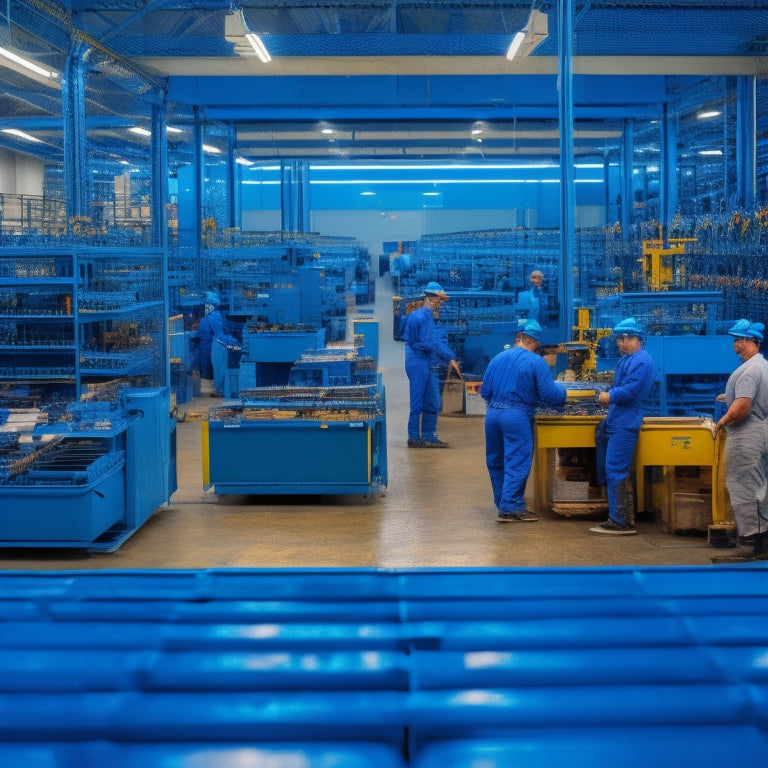 An American factory interior with rows of workers in blue uniforms assembling electric vehicle parts, amidst a backdrop of towering shelves stacked with EV batteries and machinery.