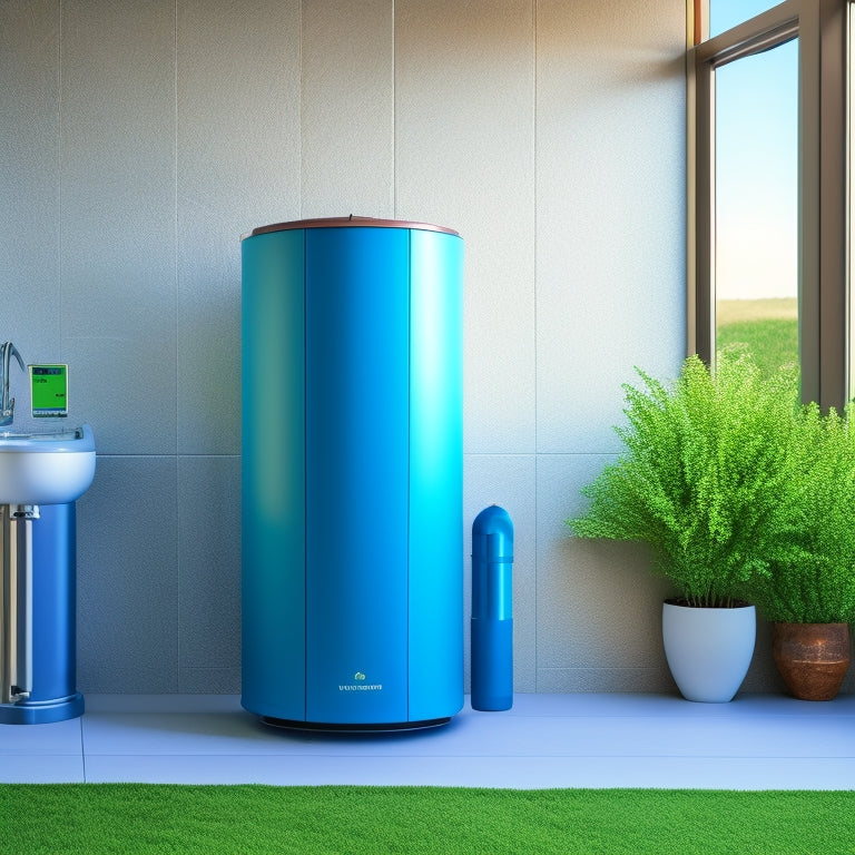 A modern, sleek, greywater heat recovery system with stainless steel pipes and compact design, set against a clean, minimalist background with subtle gradient of blue and green hues, conveying eco-friendliness.