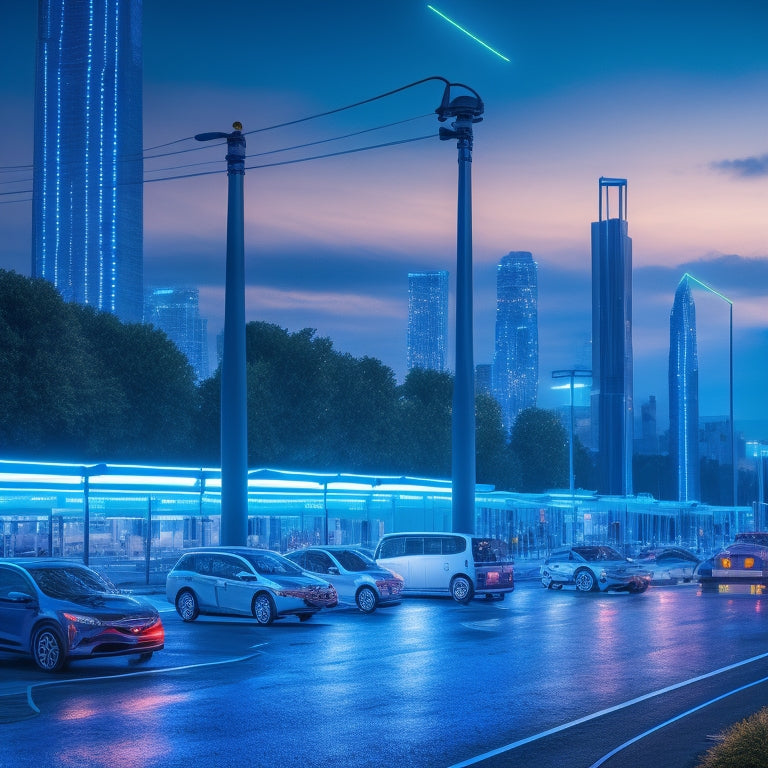 A futuristic cityscape at dusk with sleek, electric vehicles of varying types (cars, buses, trucks) parked in a row, plugged into charging stations, with glowing blue circuits and wires.