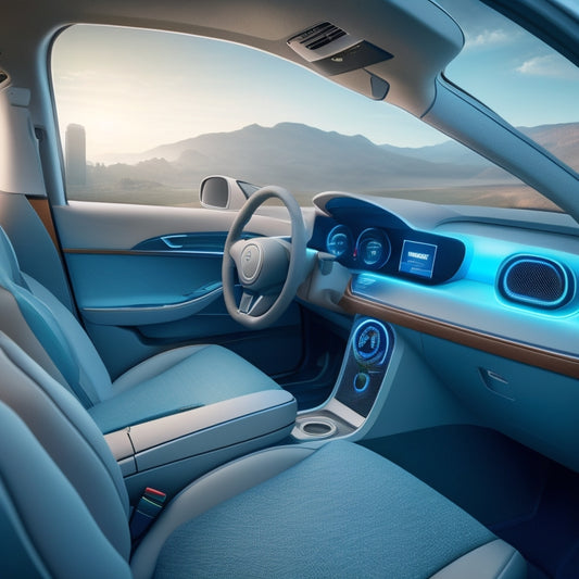 An illustration depicting a futuristic electric vehicle's interior, showcasing eco-friendly insulation materials, such as recycled denim or mushroom-based panels, surrounding the car's battery and electrical components.