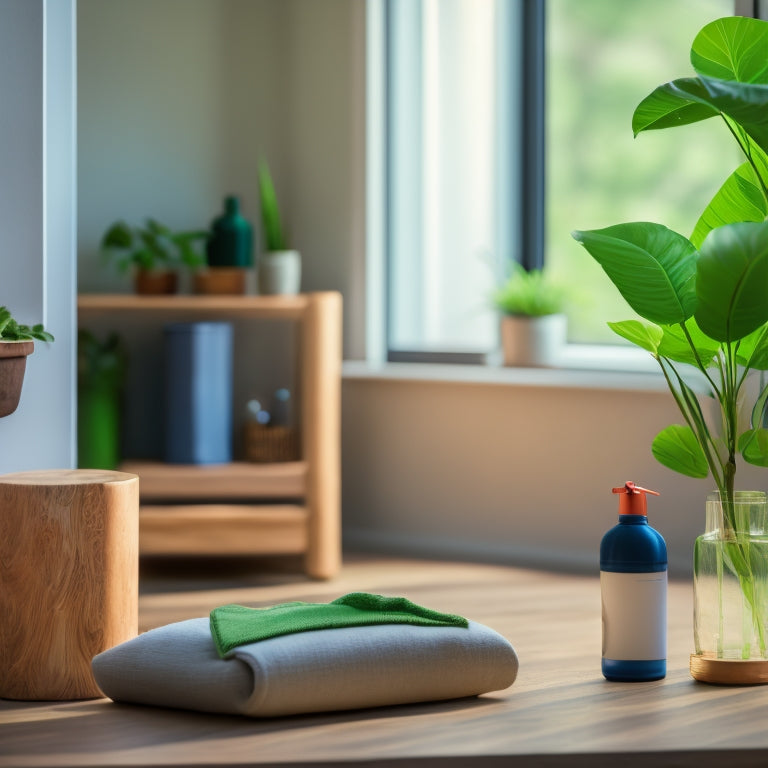 A serene living room with a lush green plant, a reusable water bottle, and a bamboo toothbrush on a minimalist wooden shelf, surrounded by a subtle earthy tone background and plenty of natural light.