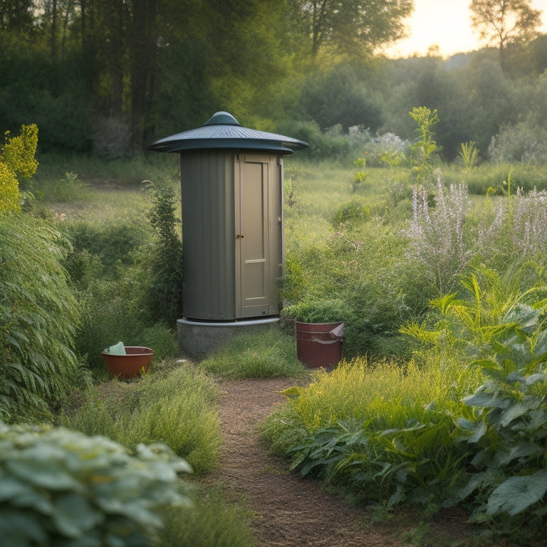 A serene off-grid homestead scene with a composting toilet in a cozy outhouse, surrounded by lush greenery, a water harvesting system, and a thriving vegetable garden in the background.