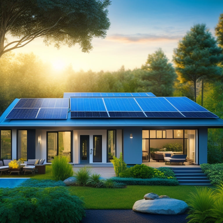 A serene, modern home with solar panels on the roof, surrounded by lush greenery, with a prominent HVAC unit in the foreground, featuring a thermometer, vents, and a glowing blue circuit board.