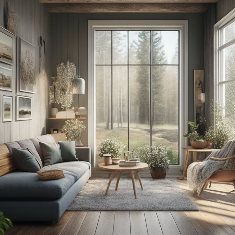 A cozy, eco-friendly home interior with a large window, subtle natural light, and a faint hint of a forest outside, featuring various weatherstripping options in different materials and colors.
