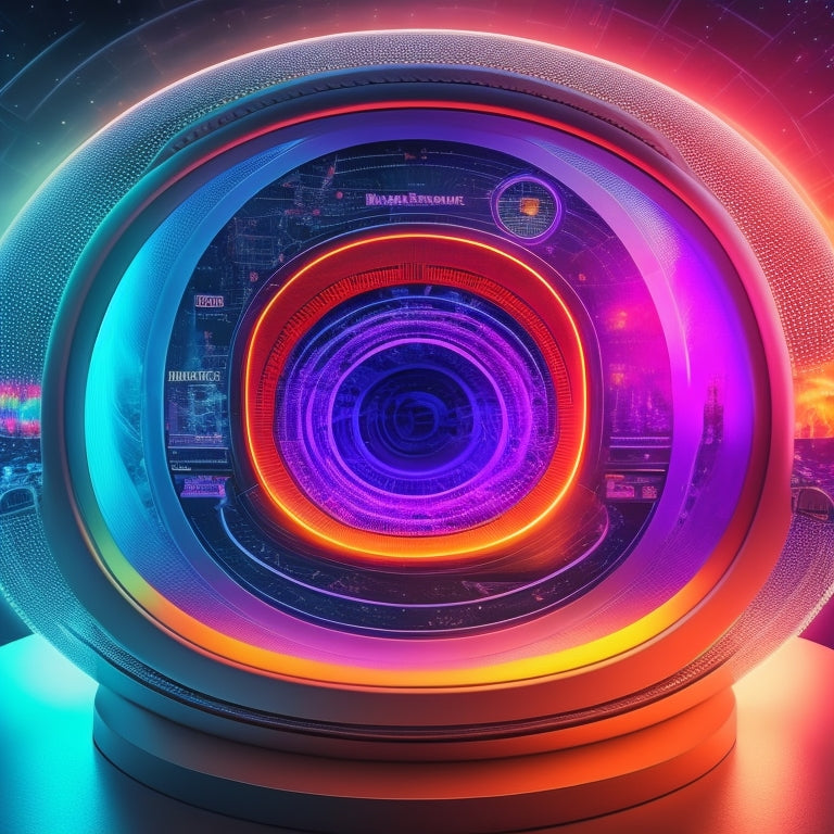 A futuristic, circular dashboard displays a glowing, 3D house silhouette amidst swirling, colorful energy waves, surrounded by orbiting, pulsing meters and gauges, with a subtle grid background.