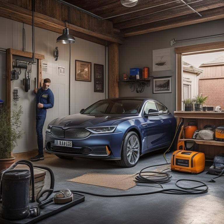 An image depicting a homeowner in a garage, surrounded by tools and wires, installing an EV charger on the wall, with a sleek electric vehicle in the background, plugged in and charging.