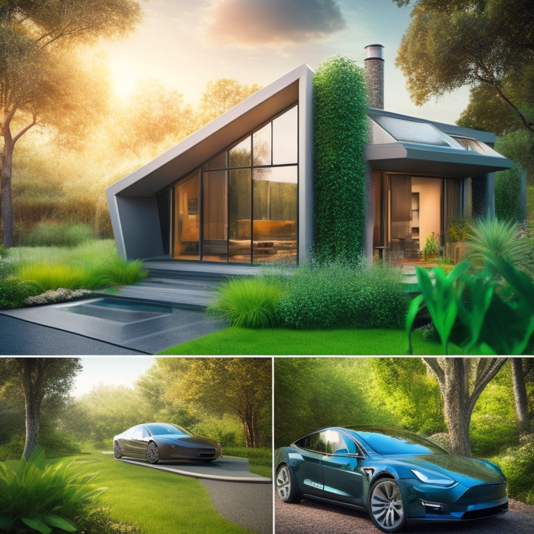 A futuristic, eco-friendly home with a sleek, electric Tesla parked outside, solar panels on the roof, and a garden with lush greenery, contrasting with a modern, water-conserving toilet visible through a large window.