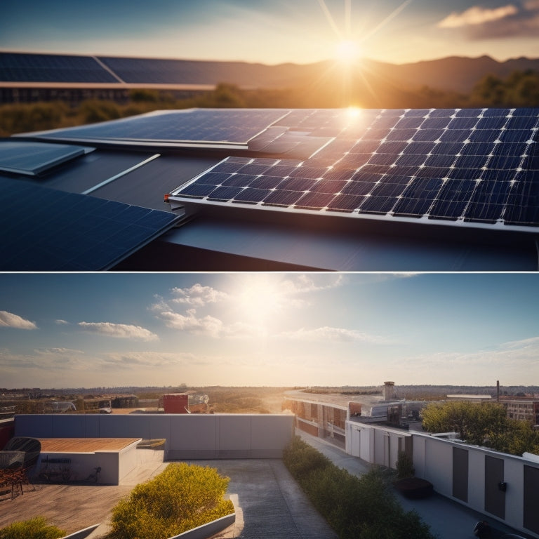 A split-screen image featuring a rooftop with solar panels on one side and a certificate or badge with a shield symbol on the other, surrounded by a subtle sunburst pattern.