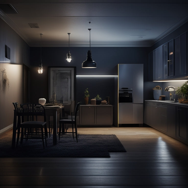 A darkened home interior with a faint flashlight glow, contrasted by a bright, well-lit room in the background, powered by a sleek, modern DIY home battery system with visible wires and components.