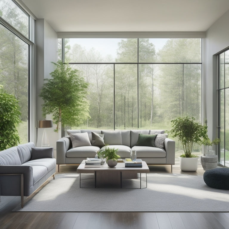 A serene, modern living room with floor-to-ceiling windows, adorned with sleek, light-gray cellular shades, and a few solar panels on the roof, surrounded by lush greenery and a sunny sky.