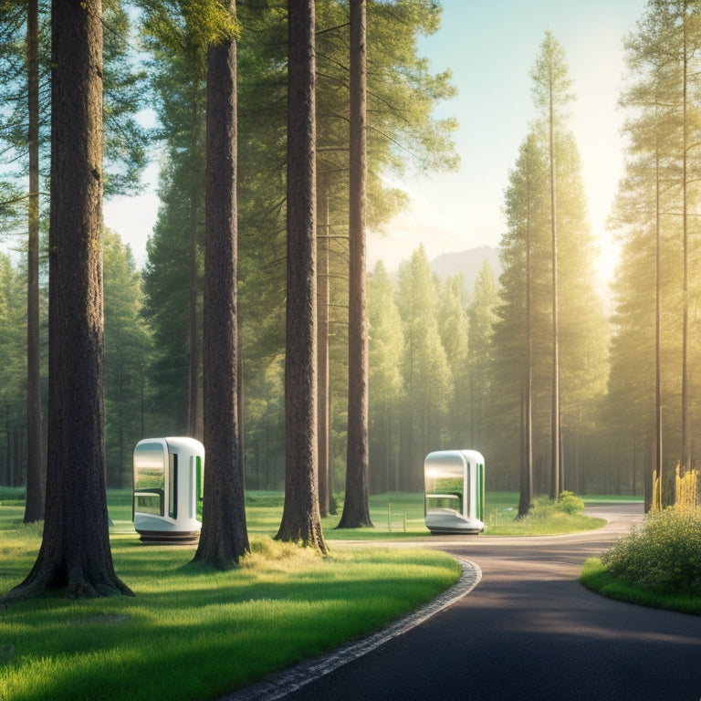 A serene, futuristic landscape with sleek, silver EV charging stations amidst a lush, vibrant green forest, surrounded by towering trees and a bright, sunny sky.