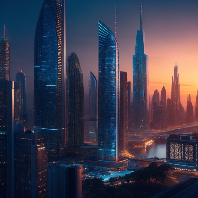 A futuristic cityscape at dusk, with sleek skyscrapers featuring windows that shimmer with a subtle, iridescent glow, as if infused with tiny, interconnected solar panels.
