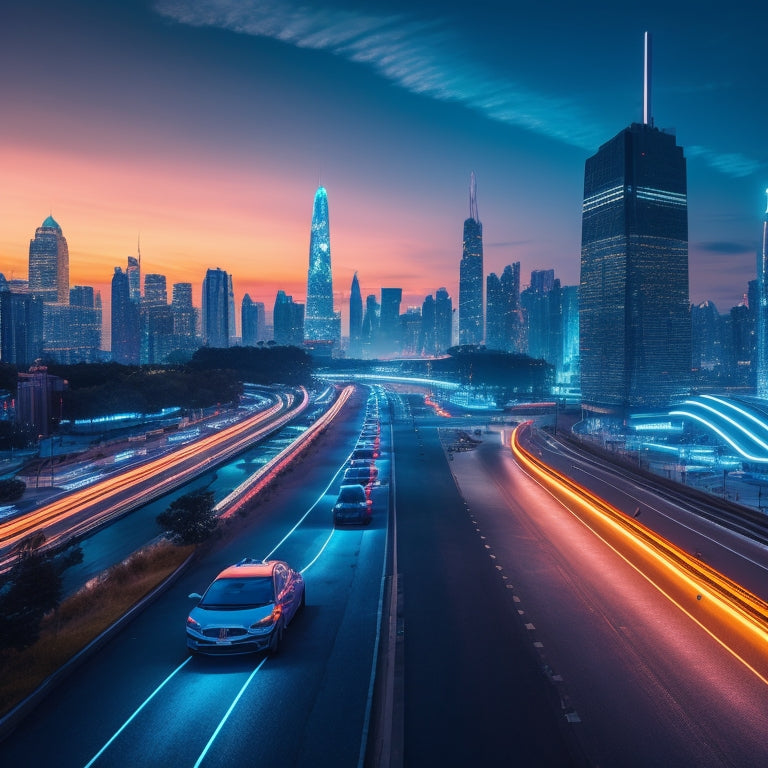 A futuristic cityscape at dusk, with sleek electric vehicles parked along a curved road, surrounded by neon-lit charging stations and glowing blue circuits, amidst a backdrop of towering skyscrapers.