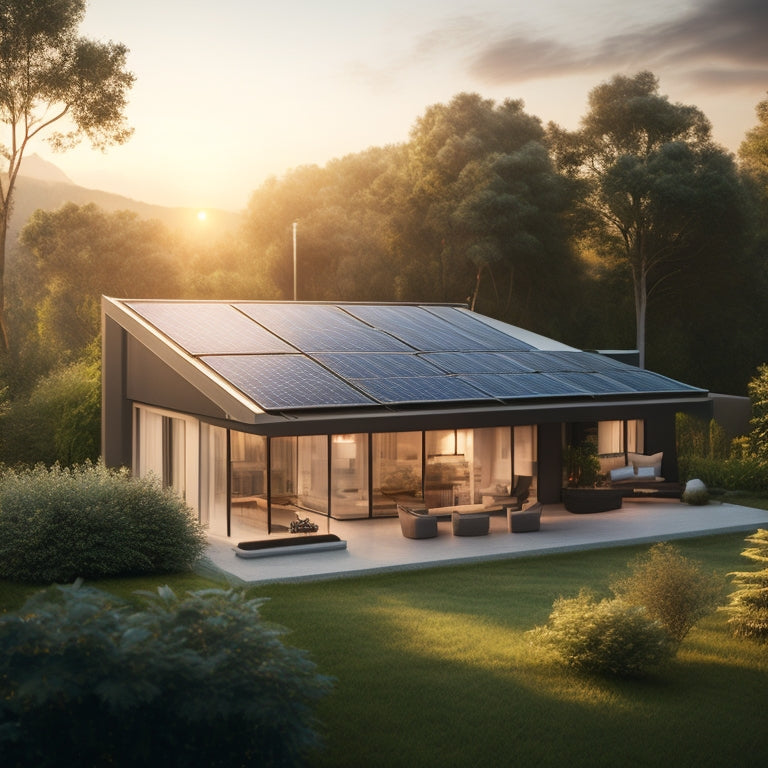 A serene, modern home with solar panels on the roof, surrounded by lush greenery, with a subtle grid of interconnected batteries and inverters in the background, illuminated by soft sunlight.
