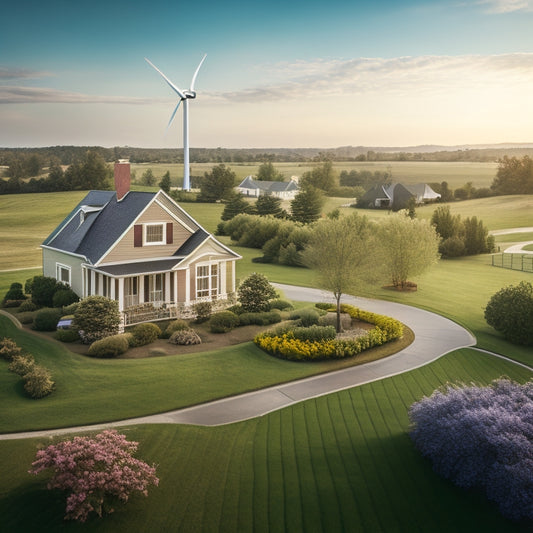 A serene suburban landscape with a single-story house, a small wind turbine installed on the roof, and a subtle grid of zoning lines and boundaries overlaid on the surrounding environment.