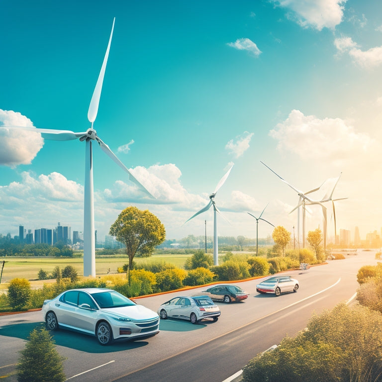 A stylized illustration of a fleet of electric vehicles, wind turbines, and solar panels, set against a bright blue sky with fluffy white clouds, surrounded by lush greenery and minimalistic cityscape.