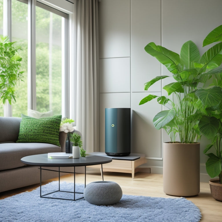 A serene living room with a subtle green glow, surrounded by lush plants, featuring a sleek air purifier, a smart thermostat, and a minimalist humidifier, all blending harmoniously into the background.
