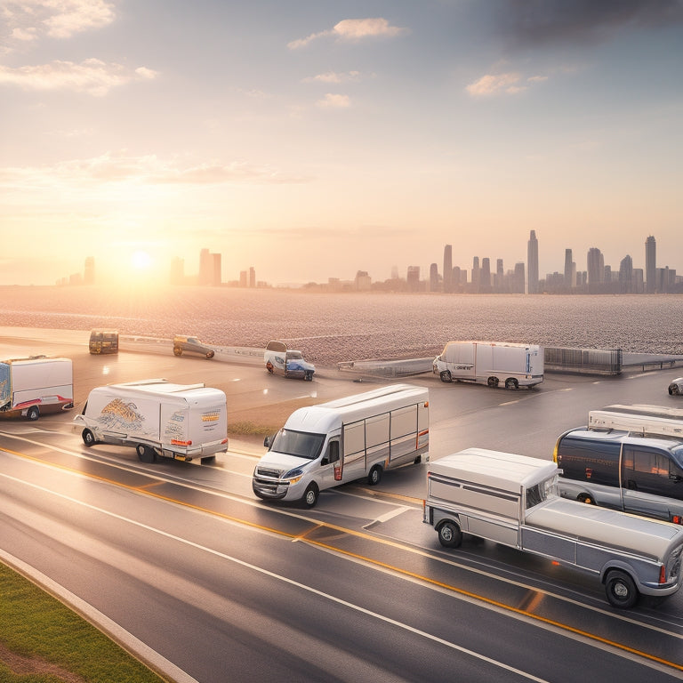 An illustration of a fleet of vans and trucks with solar panels installed on their rooftops, driving on a winding road amidst a sunny, cloudy sky with a subtle cityscape in the background.