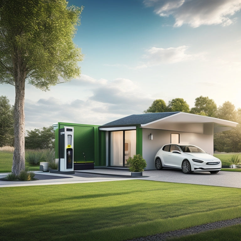 A modern, sleek, and eco-friendly home exterior with a bright green lawn, solar panels on the roof, and a rapid EV charging station next to a shiny, electric car.