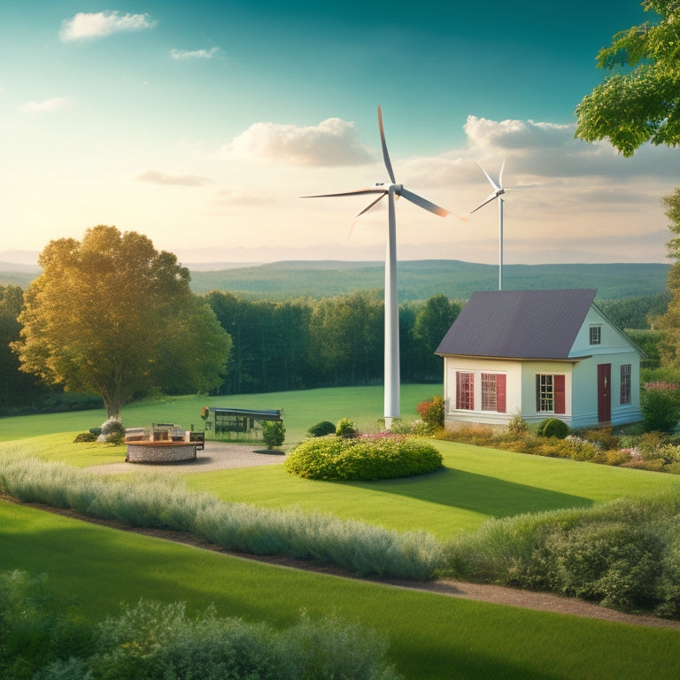 A serene residential landscape with a single home wind turbine standing tall amidst lush greenery, its blades rotating gently in the breeze, with a toolbox and ladder nearby, surrounded by scattered maintenance tools.