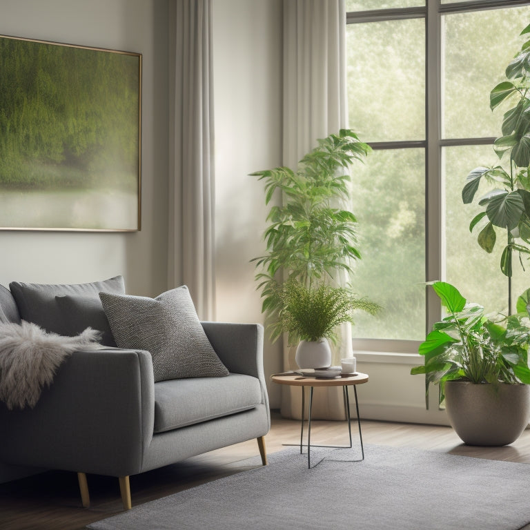 A serene living room with lush greenery, a sleek air purifier in the corner, and a subtle hint of freshness conveyed through gentle, swirling mist and soft, natural light.