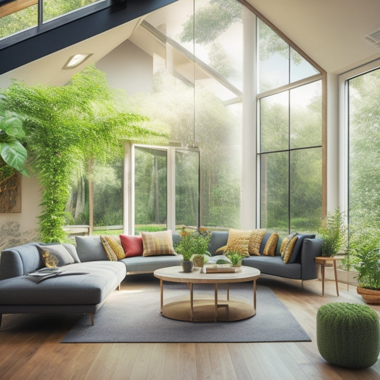 A serene, eco-friendly living room with a large energy-saving skylight above, flooding the space with natural light, surrounded by lush greenery and minimal, modern decor.