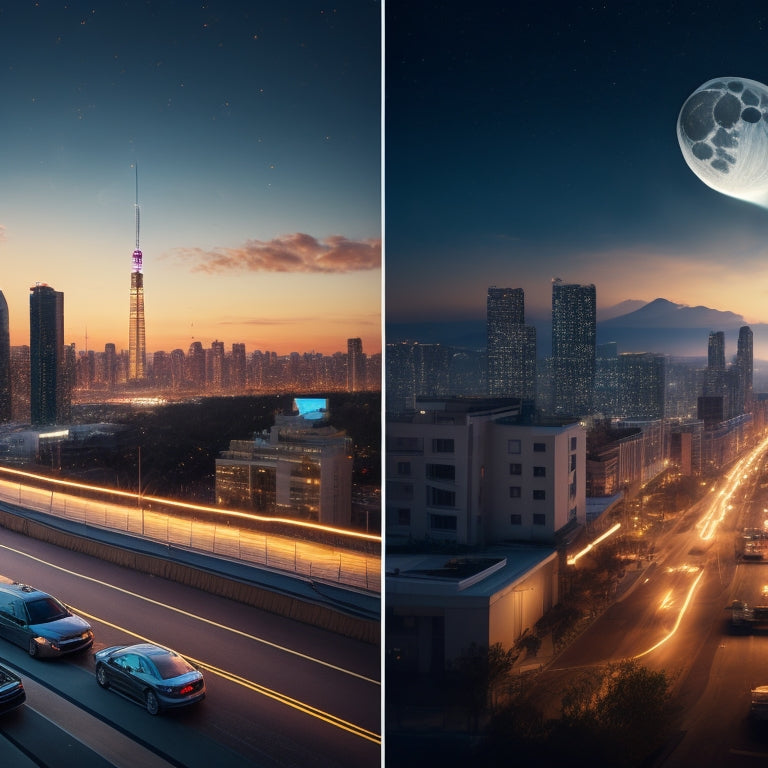 A split-screen illustration: a day-night cityscape with a sun on the left and a moon on the right, connected by a flowing waveform of electricity, intersecting with a home battery icon.