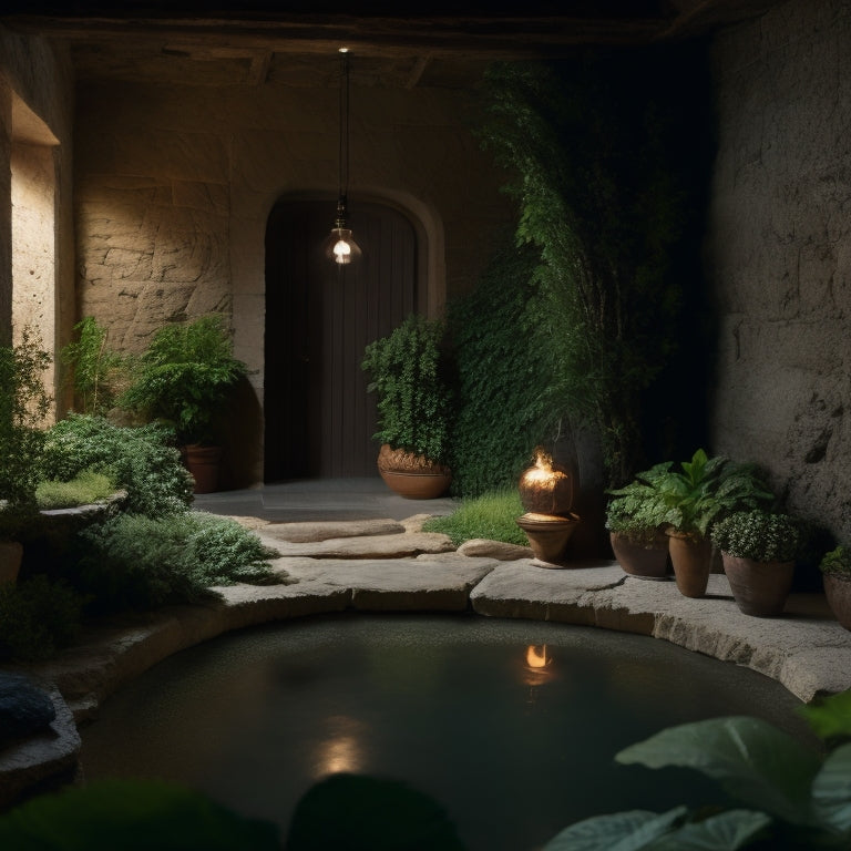 A serene, dimly lit basement with lush greenery and a small water feature, surrounded by natural stone walls and a floor made of reclaimed wood, with a subtle earthy color palette.