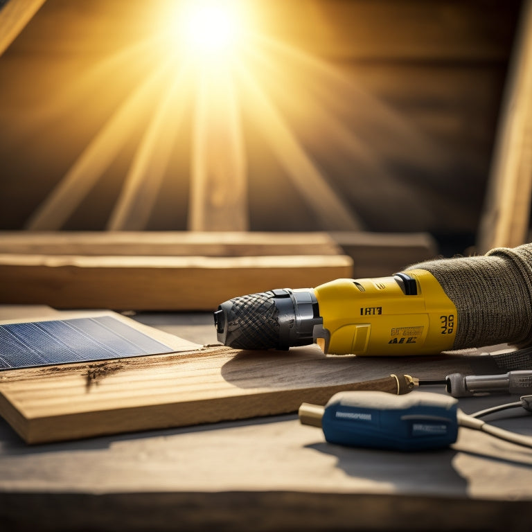 A close-up of a person's hands holding a drill and screwdriver, surrounded by solar panels, wires, and a attic fan, against a background of a partially finished attic with wooden beams and insulation.