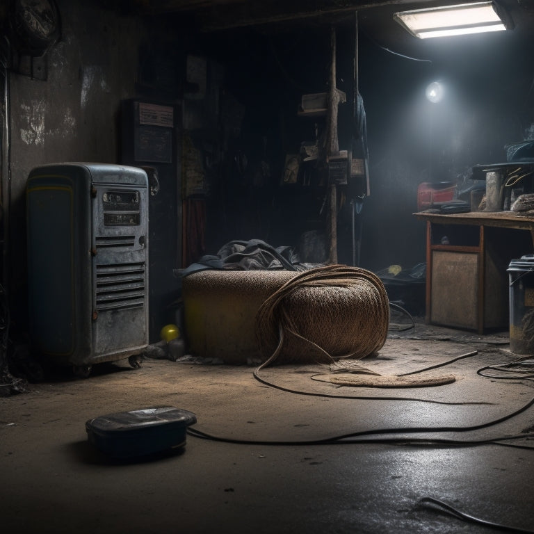 A cluttered, dimly lit garage with a neglected EV charger in the corner, surrounded by cobwebs, dust, and rust, with a worn-out cable and a faded, cracked charging station screen.