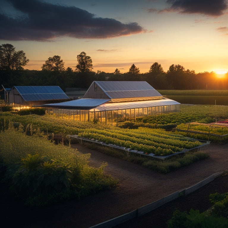 A serene urban farm scene at dusk, with solar panels integrated into a greenhouse roof, powering irrigation systems and LED grow lights, amidst lush greenery and thriving crops.