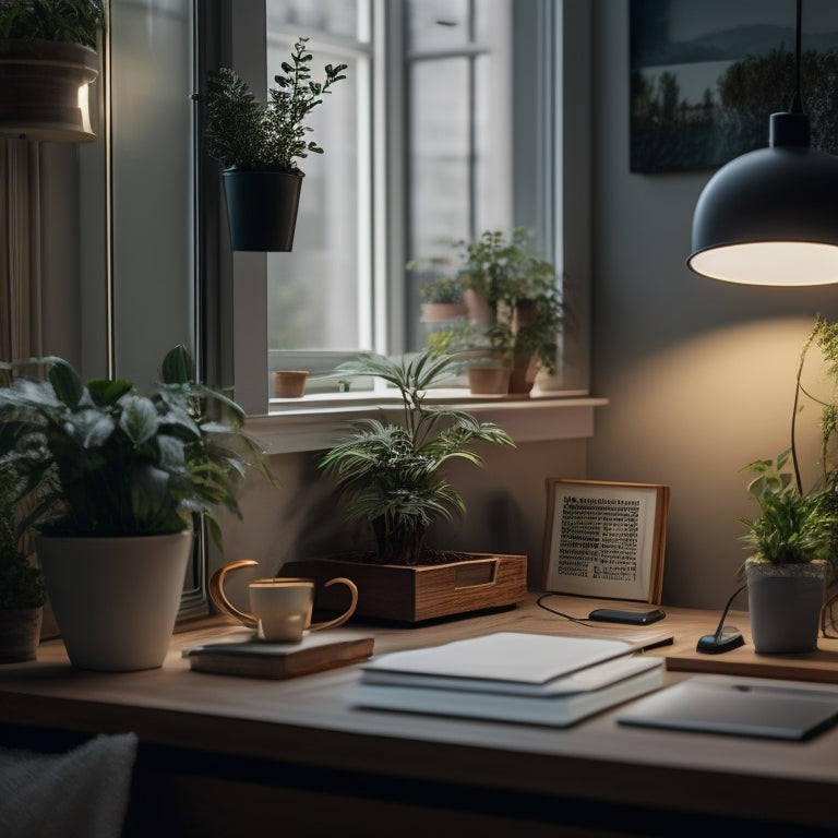 A serene home office with a desk lamp powered by a solar panel on the windowsill, a laptop plugged into a power strip with a timer, and a few potted plants surrounding a minimalist workspace.