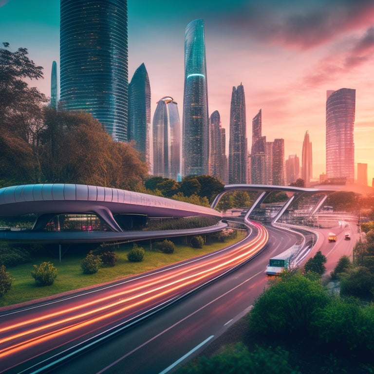 A futuristic cityscape at dusk with sleek, aerodynamic electric vehicles zipping past neon-lit skyscrapers, while drones and hyperloops blur into the background, surrounded by lush greenery and winding pedestrian paths.