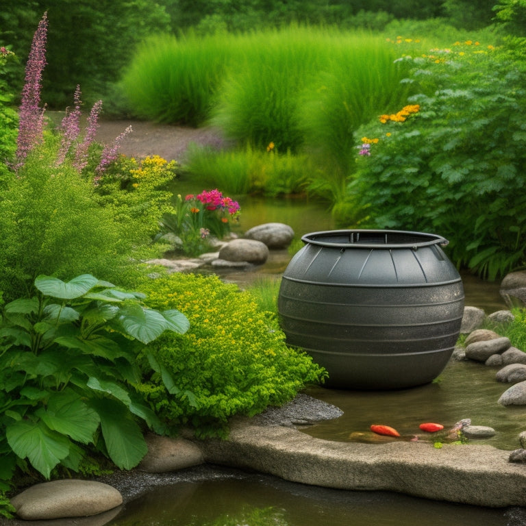 A serene backyard scene: lush greenery, vibrant flowers, and a small pond surrounded by smooth river rocks, with a rain barrel and a soaker hose in the foreground, under a cloudy sky with sunbeams peeking through.
