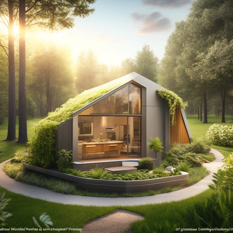 An illustration of a modern eco-friendly home surrounded by lush greenery, with a recycling bin, compost heap, and solar panels, showcasing a harmonious blend of sustainability and innovative waste management.