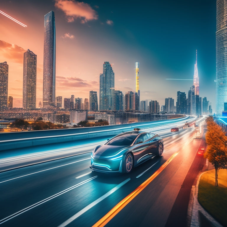 A futuristic cityscape with sleek, silver electric vehicles zooming past a blurred background, surrounded by neon lights and sleek skyscrapers, with a subtle, glowing aurora-like effect in the sky.