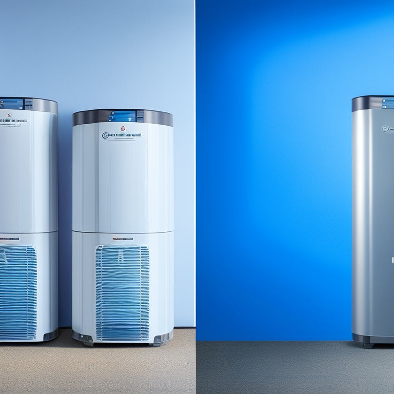 A split-screen illustration of three air-source heat pump water heaters, each with distinct branding and design elements, surrounded by minimalist backgrounds and subtle piping details.