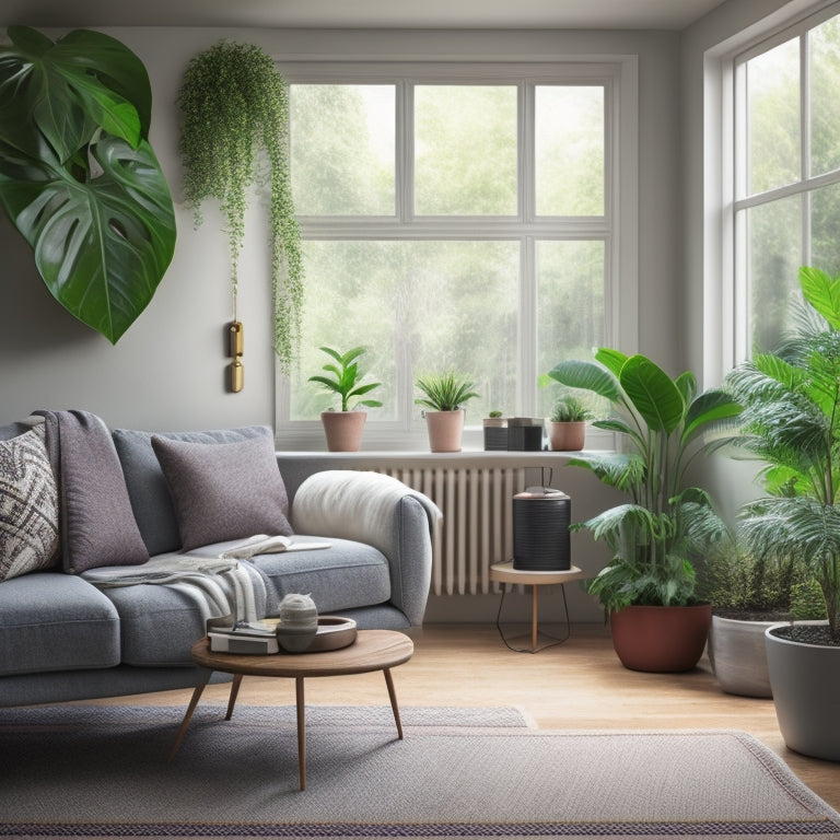 An illustration of a cozy living room with a thermostat in the center, surrounded by lush green plants, a window with open curtains, and a subtle hint of a programmable thermostat on a smartphone screen.
