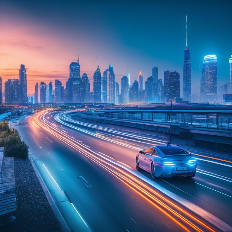 A futuristic cityscape at dusk with sleek, silver electric cars speeding by, their LED lights glowing bright blue, amidst a backdrop of neon skyscrapers and a vibrant, electric blue sky.