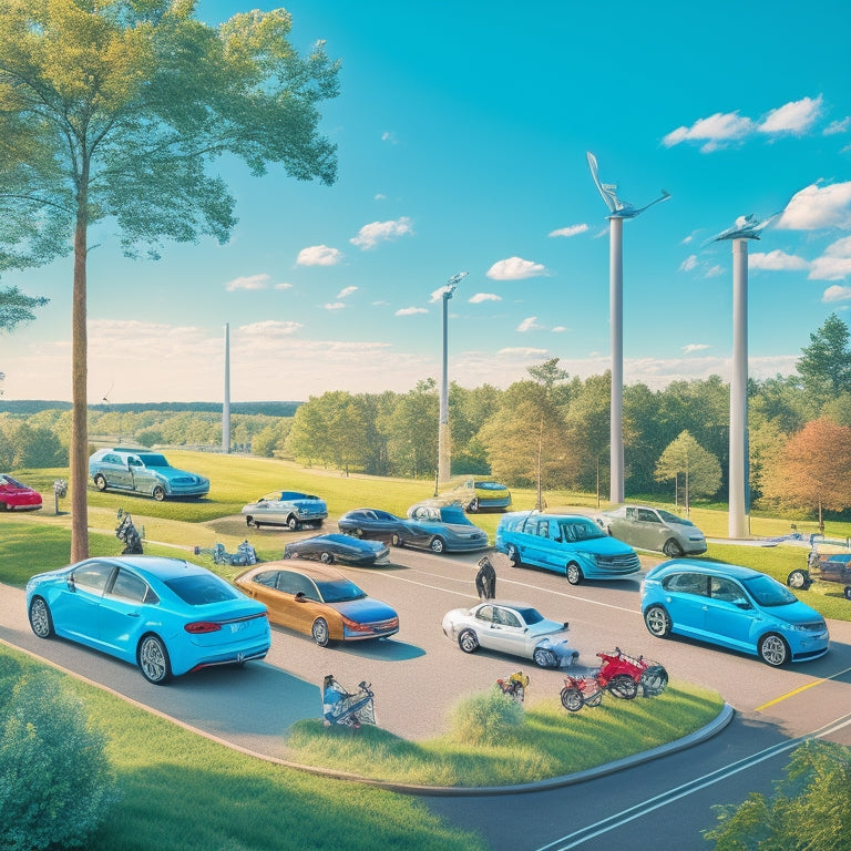 An illustration of a Massachusetts state outline filled with electric vehicle charging stations, surrounded by greenery, with a few electric cars and bikes in motion, set against a bright blue sky.