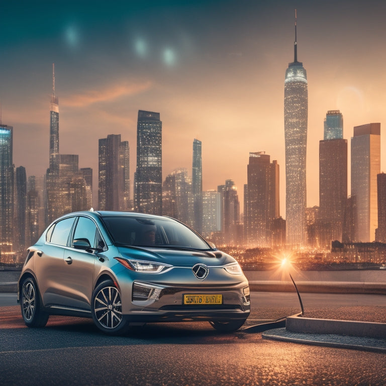 An illustration of a shiny electric vehicle parked in front of a city skyline, surrounded by coins and money symbols, with a keyhole on the car's side panel and a sparkling lightbulb above it.