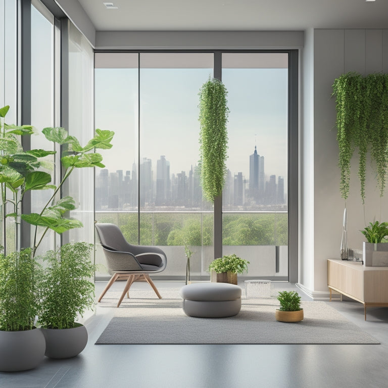 A modern, sleek, and minimalist urban apartment with a floor-to-ceiling hydroponic system, featuring a trellis of lush green plants and vines, surrounded by a cityscape skyline.