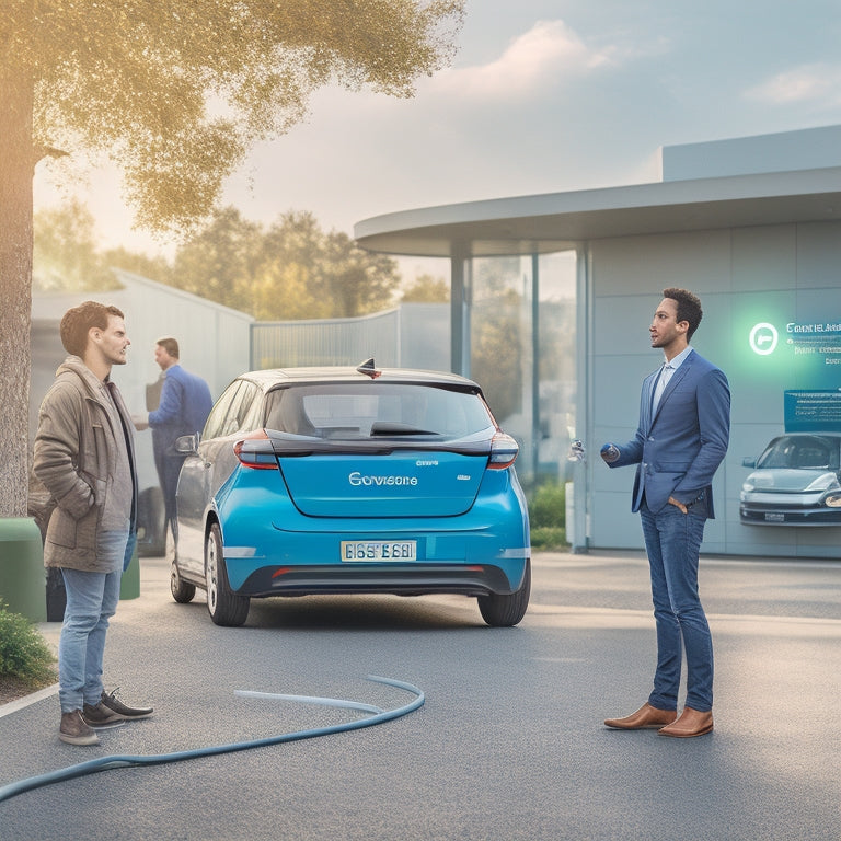 An electric vehicle parked at a charging station with a thought bubble above it, containing a polite driver gesturing to an empty space beside, while another EV waits patiently in the background.