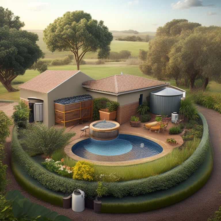 An illustration of a self-sustaining off-grid homestead with a greywater system, showcasing a rooftop rainwater collection tank, pipes diverting water to a lush garden, and a thriving fruit tree surrounded by lush greenery.