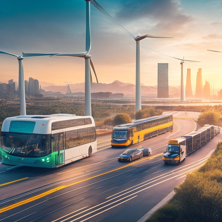 An illustration of a futuristic cityscape with sleek, electric vehicles and buses humming along, connected by a network of glowing green lines, amidst a backdrop of wind turbines and solar panels.