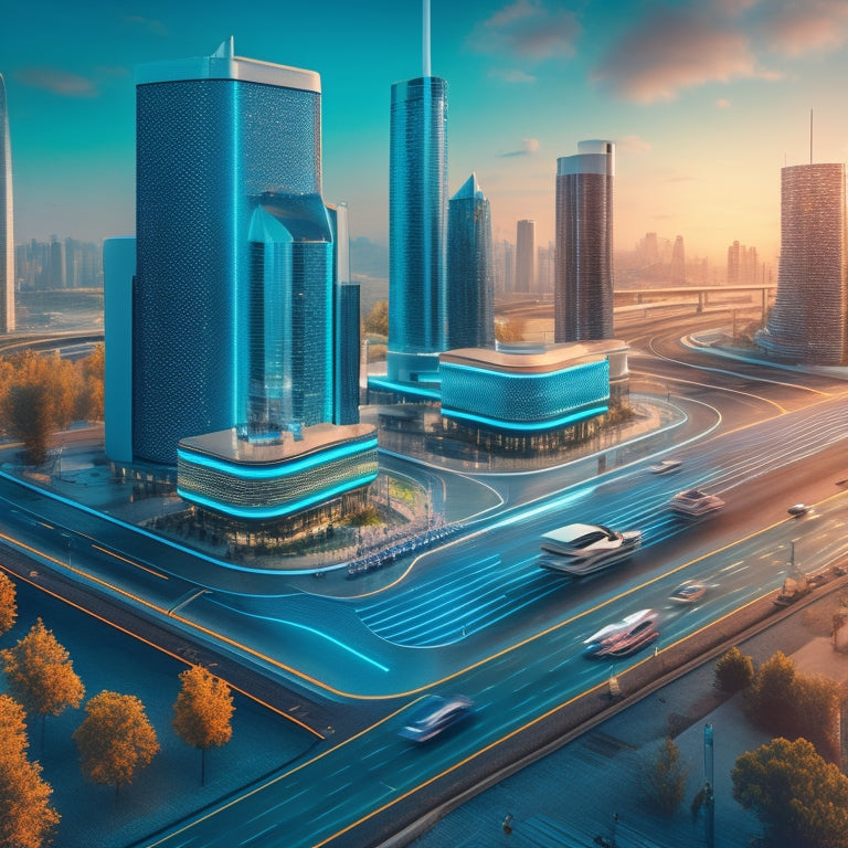 A stylized illustration of a futuristic cityscape with electric vehicles, charging stations, and infrastructure elements like roads, highways, and buildings, with various shapes and colors representing different funding sources.